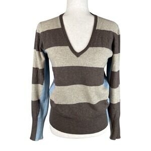 Roberto Collina Womens V-Neck Pullover Sweater Size M Brown Stripe Merino Angora